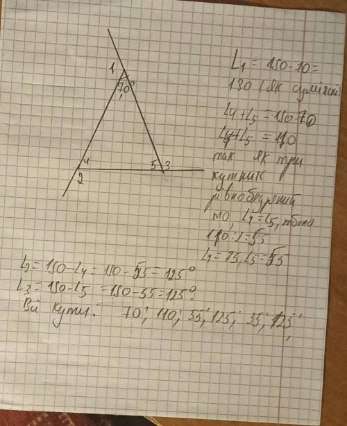 Внешний угол при вершине равнобедренного треугольника равен 70 градусов.Определите все углы треуголь