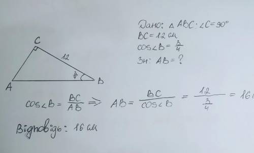 Знайдіть гіпотенузу прямокутного трикутника ABC (кут C=90°) якщо: BC =12 см а cos B =3/4 ІВ