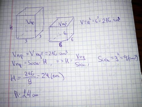 правильна чотирикутна призма і куб з ребром 6 см мають однакові об'єми . знайдіть висоту призми якщо