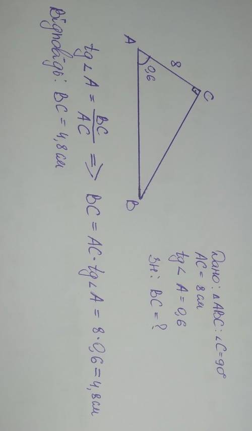 Знайдіть катет bc прямокутного трикутника ABC (кут C =90°) якщо AC = 8см, tg A=0,6 ІІВВ!