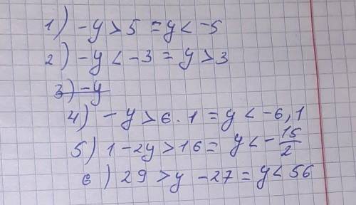 Решите не равенства 1) -y>5 2) -y< -3 3) -y6.1 4)-у>6.1 5)1-2y>16 6)29>y-27