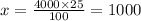 x = \frac{4000 \times 25}{100} = 1000