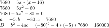 7680=5x*(x+16)\\7680=5x^2+80\\7680-5x^2-80=0\\a=-5; b=-80; c=7680\\D=b^2-4ac=(-80)^2-4*(-5)*7680=160000