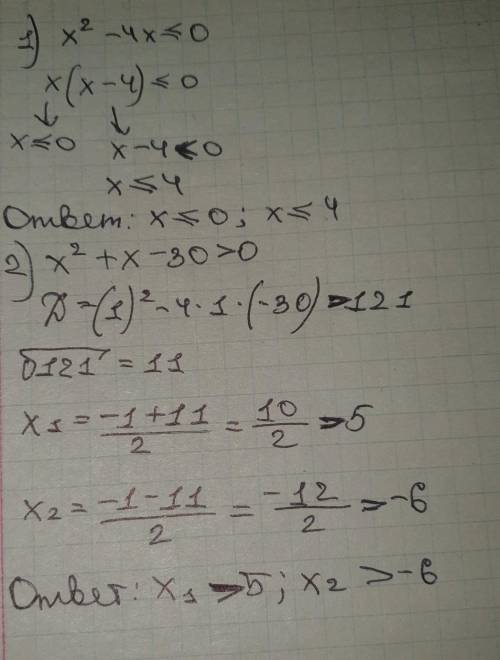 Розв’яжiть нерiвностi: 1) x^2-4x⩽0 2) x^2+x-30>0