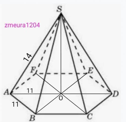 Боковое ребро правильно шестиугольно пирамиды равно 14, а ребро основания 11. Найдите объём пирамиды