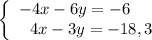 \left\{\begin{array}{l}-4x-6y=-6\\{}\ \ 4x-3y=-18,3\end{array}\right