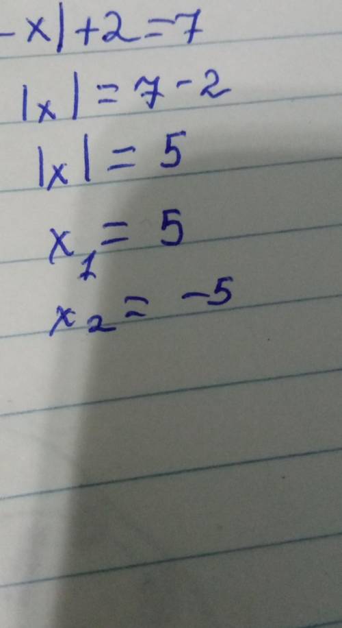 Найдите положительное решение уравнения |-x|+2=7