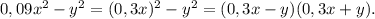 0,09x^2-y^2=(0,3x)^2-y^2=(0,3x-y)(0,3x+y).