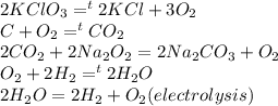 2KClO_3 =^t 2KCl + 3O_2\\C + O_2 =^t CO_2\\2CO_2 + 2Na_2O_2 = 2Na_2CO_3 + O_2\\O_2 + 2H_2 =^t 2H_2O\\2H_2O = 2H_2 + O_2 (electrolysis)