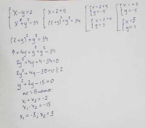 Розв'яжіть систему рівнянь: {x - y = 2{x²+y²=34