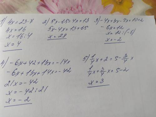 с уравнениями 1) 4х+7=23 2) 5(х-3)=4х+13 3) -4х+3х-2=5х+10 4) 6(-х+7)+13х=-14х 5) 1/4(x+8)=5-3/4x