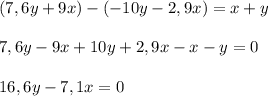 \-(7,6y+9x)-(-10y-2,9x)=x+y-7,6y-9x+10y+2,9x-x-y=016,6y-7,1x=0