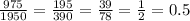 \frac{975}{1950} = \frac{195}{390} =\frac{39}{78} = \frac{1}{2} = 0.5