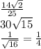 \frac{14 \sqrt{2} }{25} \\ 30 \sqrt{15} \\ \frac{1}{ \sqrt{16} } = \frac{1}{4}