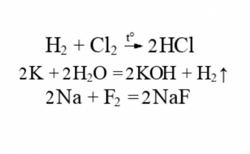 Напишите реакцию среди данных веществ: A) хлор и водород Б) калий и вода B) натрий и фтор