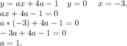 y=ax+4a-1\ \ \ y=0\ \ \ \ x=-3.\\ax+4a-1=0\\a*(-3)+4a-1=0\\-3a+4a-1=0\\a=1.