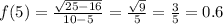 f(5) = \frac{\sqrt{25 - 16} }{10-5} = \frac{\sqrt{9} }{5} = \frac{3}{5} = 0.6