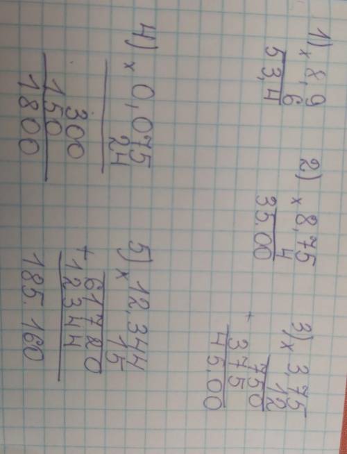 Решите примеры в столбик. 1)8,9×6 2)8,75×4 3)3,75×12 4)0,075×24 5)12,344×15 6)137,6×36 7)6,705×312 8