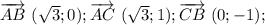 \overrightarrow {AB}~(\sqrt{3}; 0); \overrightarrow {AC}~(\sqrt{3}; 1);\overrightarrow {CB}~(0; -1);~