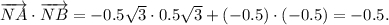 \overrightarrow {NA}\cdot \overrightarrow {NB} = -0.5\sqrt{3}\cdot 0.5\sqrt{3}+(-0.5)\cdot (-0.5) =-0.5.