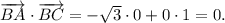 \overrightarrow {BA}\cdot \overrightarrow {BC} = -\sqrt{3}\cdot 0+0\cdot 1 =0.