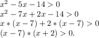 x^2-5x-140\\x^2-7x+2x-140\\x*(x-7)+2*(x-7)0\\(x-7)*(x+2)0.