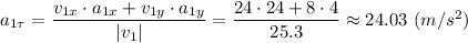 a_{1\tau} = \dfrac{v_{1x}\cdot a_{1x}+v_{1y}\cdot a_{1y}}{|v_1|} = \dfrac{24\cdot 24+8\cdot4}{25.3} \approx 24.03~(m/s^2)