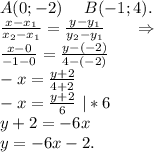 A(0;-2)\ \ \ \ B(-1;4).\\\frac{x-x_1}{x_2-x_1}=\frac{y-y_1}{y_2-y_1} \ \ \ \ \ \Rightarrow\\\frac{x-0}{-1-0} =\frac{y-(-2)}{4-(-2)}\\ -x=\frac{y+2}{4+2}\\ -x=\frac{y+2}{6}\ |*6\\ y+2=-6x\\y=-6x-2.