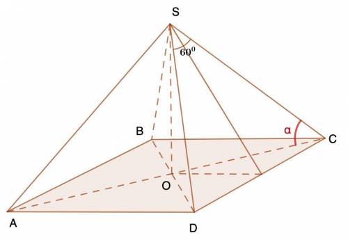 476. Плоский угол при вершине правильной четырехугольной пирамиды равен 60°. Найдите угол между боко