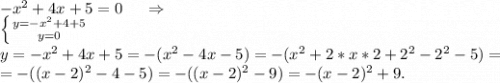 -x^2+4x+5=0\ \ \ \ \Rightarrow\\\left \{ {{y=-x^2+4+5} \atop {y=0}} \right. \\y=-x^2+4x+5=-(x^2-4x-5)=-(x^2+2*x*2+2^2-2^2-5)=\\=-((x-2)^2-4-5)=-((x-2)^2-9)=-(x-2)^2+9.\\