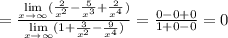 =\frac{\lim\limits_{x\to \infty} (\frac{2}{x^2} -\frac{5}{x^3} +\frac{2}{x^4} )}{\lim\limits_{x\to \infty} (1+\frac{3}{x^2} -\frac{9}{x^4}) }=\frac{0-0+0}{1+0-0} =0