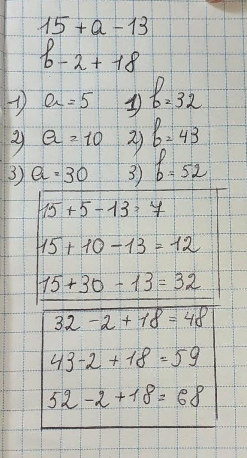 Найти значения выражений 15+а-13 и b-2+18 при a =5; a =10; a = 30; b= 32; b =43; b = 52.