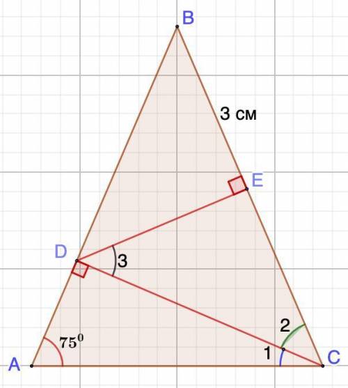 В равнобедренном треугольнике ABC с основанием AC угол A составляет 75°, из угла C построен перпенди
