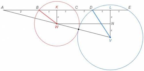 Точки A,B,C,D,E последовательно расположены на прямой b, причем CD=1 и AB=BC=DE=2. Окружности v и w,