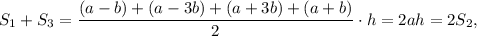 S_1+S_3=\dfrac{(a-b)+(a-3b)+(a+3b)+(a+b)}{2}\cdot h=2ah=2S_2,