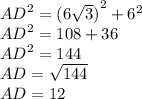 {AD}^{2} = {(6 \sqrt{3}) }^{2} + {6}^{2} \\ {AD}^{2} = 108 + 36 \\ {AD}^{2} = 144 \\ AD = \sqrt{144} \\ AD = 12