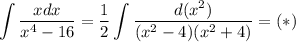 \displaystyle \int\dfrac{xdx}{x^4-16}=\dfrac{1}{2}\int\dfrac{d(x^2)}{(x^2-4)(x^2+4)}=(*)