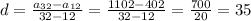 d=\frac{a_{32}-a_{12}}{32-12}=\frac{1102-402}{32-12} =\frac{700}{20} =35