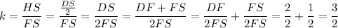 k=\dfrac{HS}{FS}=\dfrac{\frac{DS}{2}}{FS}=\dfrac{DS}{2FS}=\dfrac{DF+FS}{2FS}=\dfrac{DF}{2FS}+\dfrac{FS}{2FS}=\dfrac{2}{2}+\dfrac{1}{2}=\dfrac{3}{2}