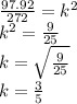 \frac{97.92}{272} = {k}^{2} \\ {k}^{2} = \frac{9}{25} \\ k = \sqrt{ \frac{9}{25} } \\ k = \frac{3}{5}