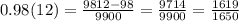 0.98(12) = \frac{9812 - 98}{9900} = \frac{9714}{9900} = \frac{1619}{1650}