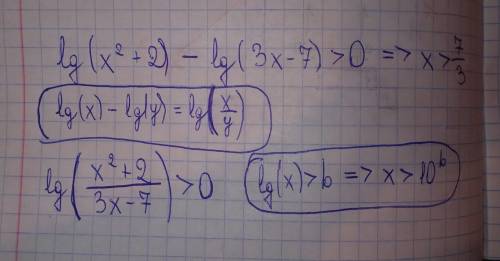 Lg(x^2+2)- lg(3x-7)>0 решить