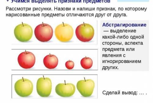 Назови признаки, по которым ты можешь разделить эти яблоки на группы, и заполни схемы. Нарисуй яблок