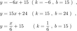 y=-6x+15\ \ (\ k=-6\ ,\ b=15\ )\ \ ,y=15x+24\ \ \ (\ k=15\ ,\ b=24\ )\ \ ,y=\dfrac{x}{6}+15\ \ \ \ \ \ (\ k=\dfrac{1}{6}\ ,\ b=15\ )