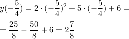 \displaystyle y(-\frac{5}{4}) = 2\cdot(-\frac{5}{4})^2+5\cdot(-\frac{5}{4} )+6=\\ \\ =\frac{25}{8}-\frac{50}{8}+6=2\frac{7}{8}