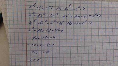 Решите уравнение: x² (x − 5) − (x − 2)³ = x² − 4