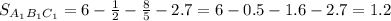 S_ {A_ {1} B_ {1} C_ {1}} = 6 - \frac{1}{2} - \frac{8}{5} - 2.7 = 6 - 0.5 - 1.6 - 2.7 = 1.2