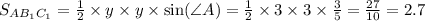 S_ {AB_ {1} C_ {1}} = \frac{1}{2} \times y \times y \times \sin( \angle A) = \frac{1}{2} \times 3 \times 3 \times \frac{3}{5} = \frac{27}{10} = 2.7
