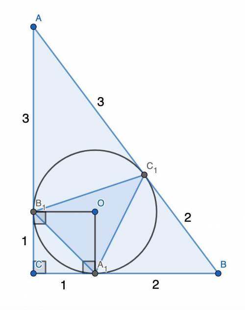 В прямоугольный треугольник вписана окружность, касающаяся его сторон в точках . Найти отношение пл