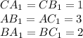 CA_ {1}=CB_ {1} = 1 \\ AB_ {1}=AC_ {1} = 3\\ BA_ {1} =BC_ {1} = 2